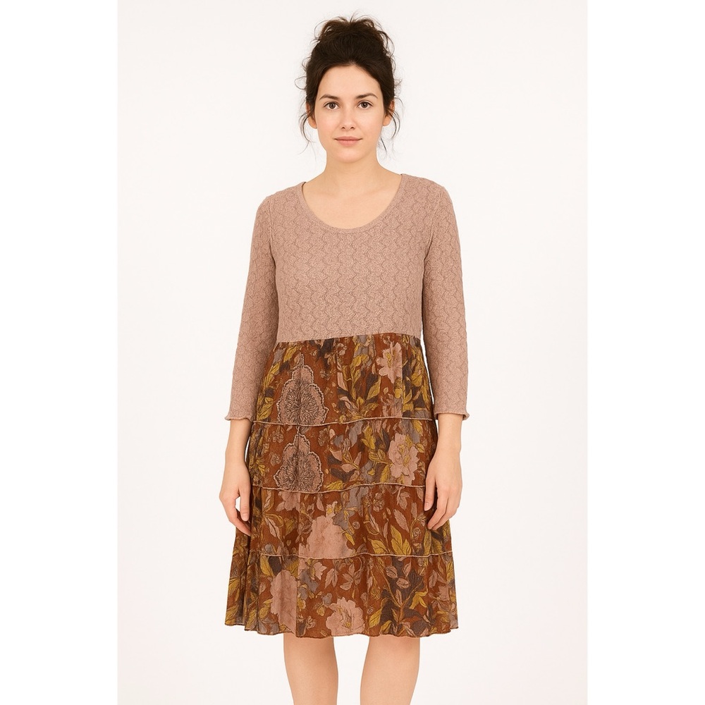 Paisley Vine Dress Womens Ruffled Multicolor Black Brown Yellow, Size L